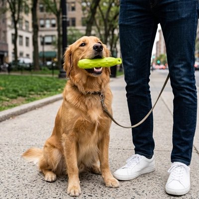 Jouets pour chien​ avec notre toutou en balade avec son maitre