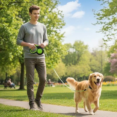 Laisse à enrouleur pour chien sur notre ami avec son maitre