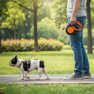 Laisse à enrouleur pour chien sur notre ami en balade avec son maitre