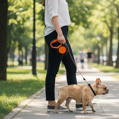 Laisse à enrouleur pour chien sur notre toutou avec son maitre