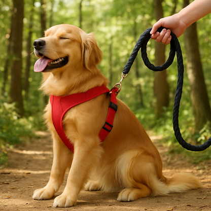 laisse chien noir avec un chien maron dans bois