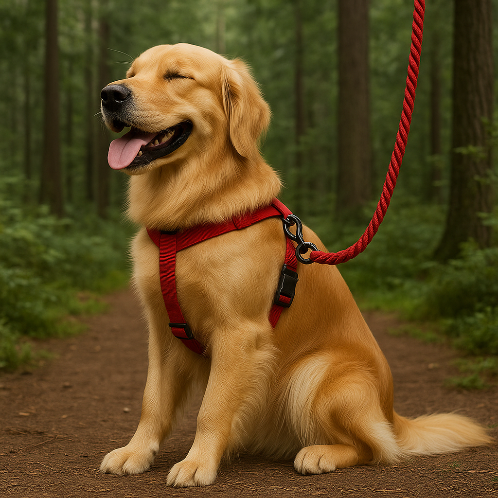 laisse chien rouge autour du cou de notre compagnon en randonnée