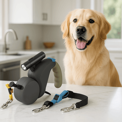 Laisse double pour chien sur table de cuisine aupres de notre ami