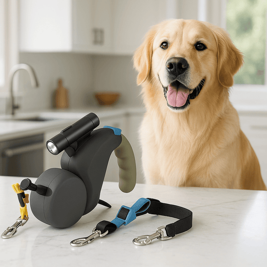 Laisse double pour chien sur table de cuisine aupres de notre ami