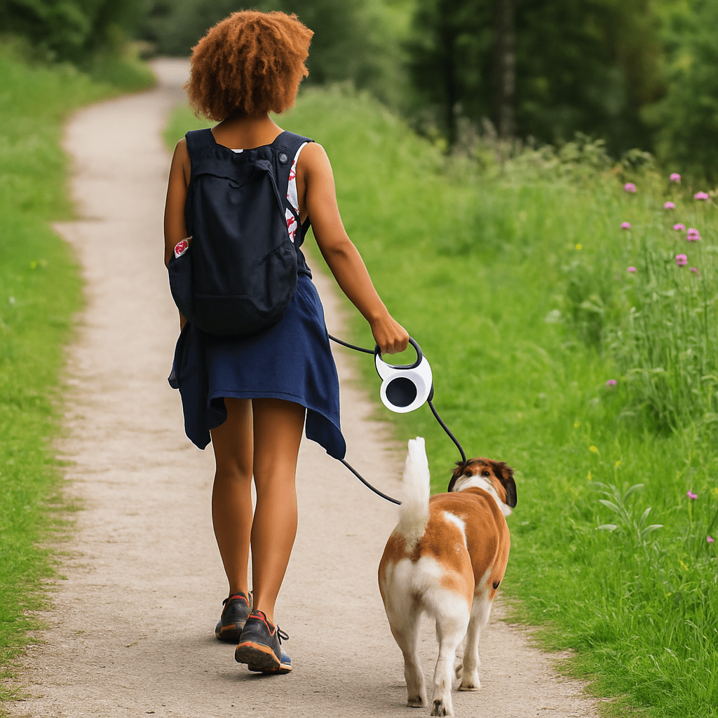 laisse-pour-chien-blanc-autour-du-cou-chien-promenant-avec-sa-maitresse