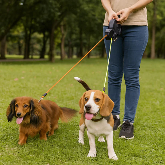 laisse pour chien enrouleur avec deux chiens accompagne leur maitresse dans parc