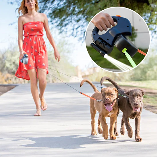 laisse pour chien enrouleur avec deux chiens accompagne leur maitresse image produit