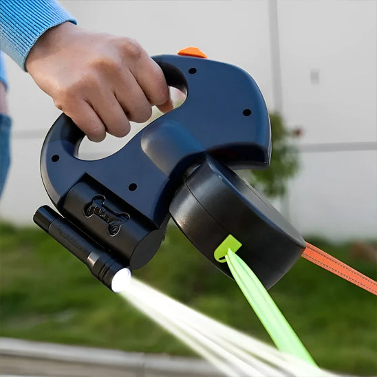 laisse pour chien enrouleur bleu avec poignet a lumiere et double extremite