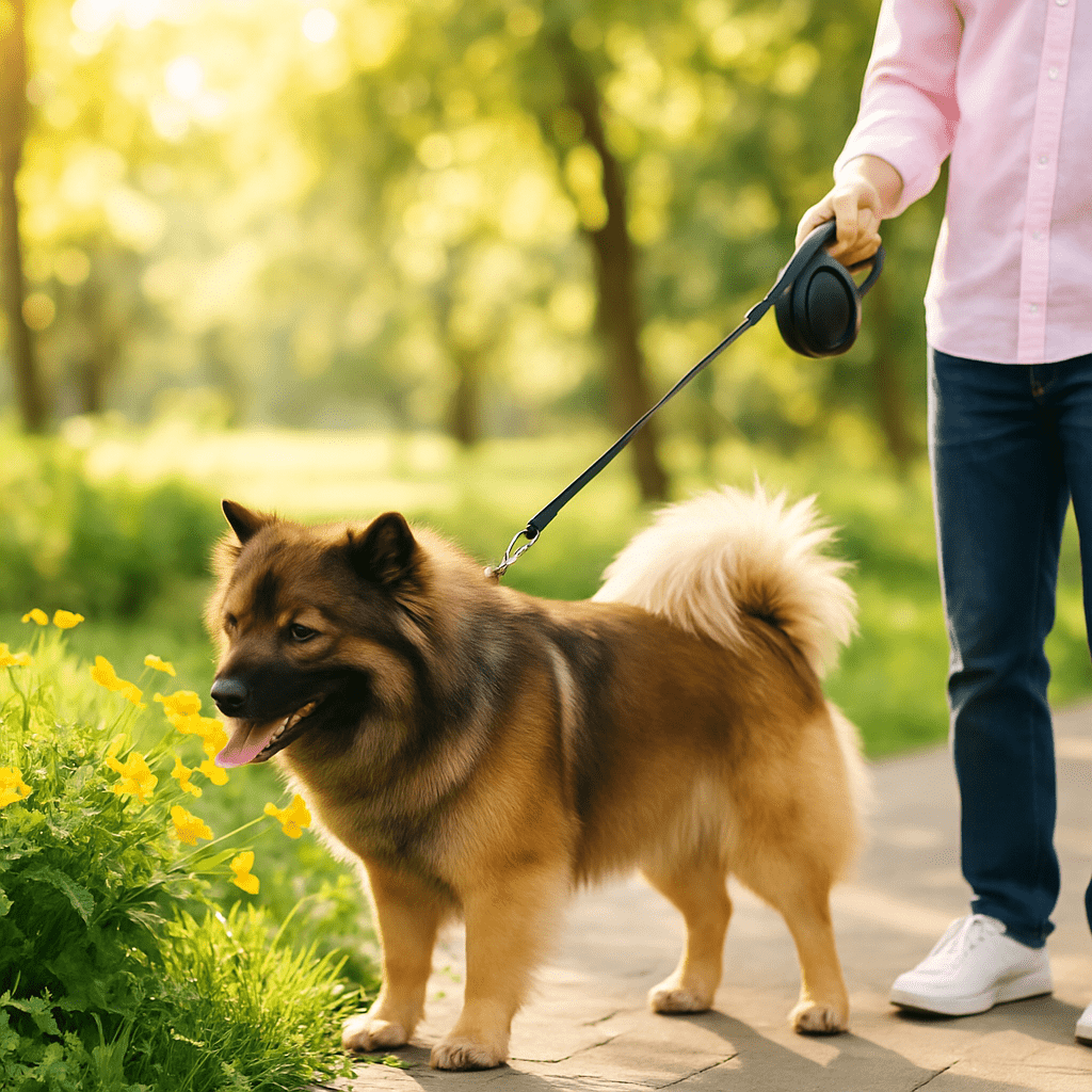 laisse pour chien noir autour du cou du eurasier et son maitre