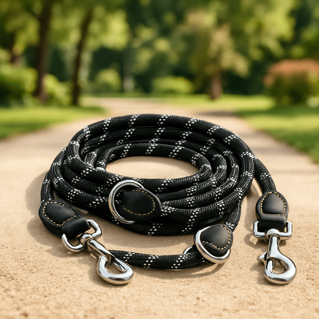 Laisse pour chien noir blanc sur chemin