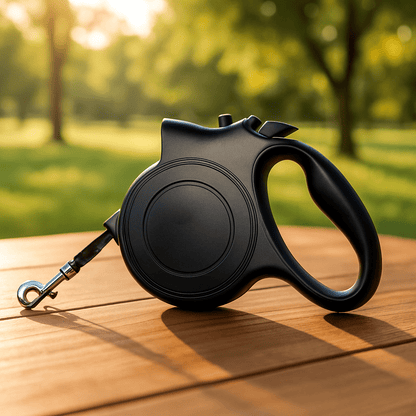 laisse pour chien noir sur table en bois