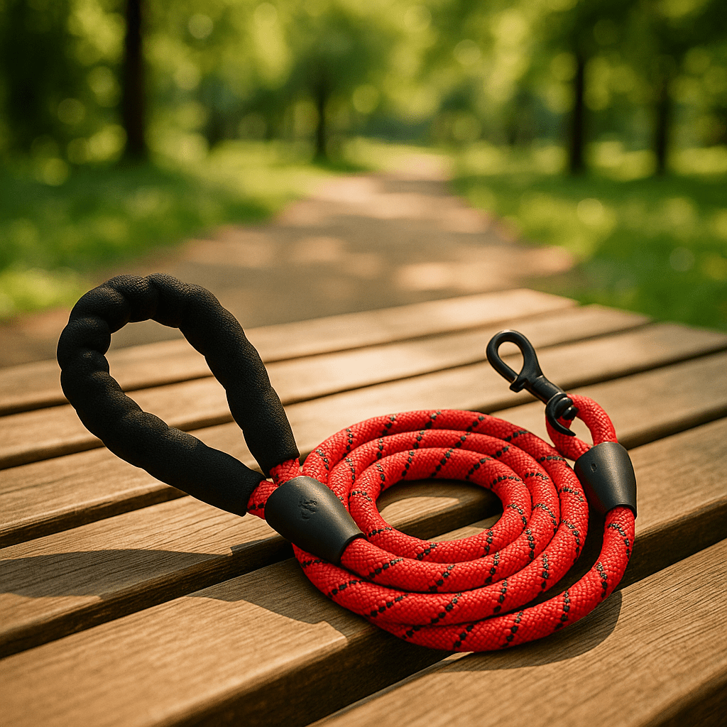 Laisse pour chien rouge noir sur table en bois