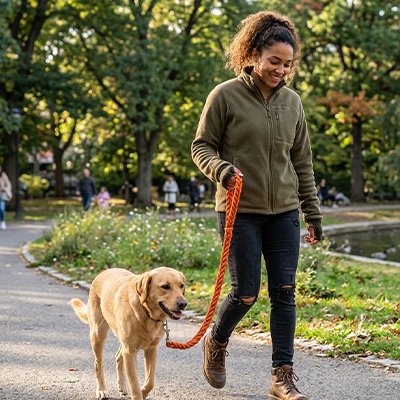 Laisse pour Chien sur notre ami en promenade avec sa maitresse
