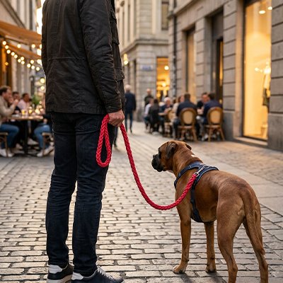 Laisse pour Chien sur notre compagnon en promenade en ville avec son maitre
