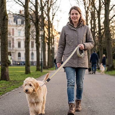 Laisse pour Chien sur notre toutou avec sa maitresse