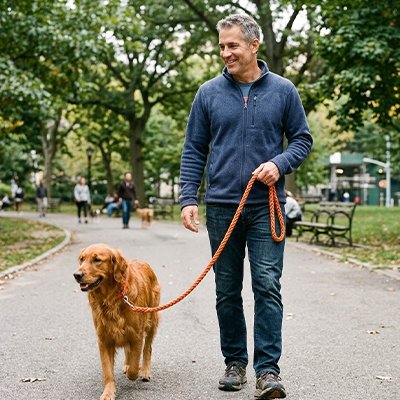Laisse pour Chien sur notre toutou en promenade avec son maitre