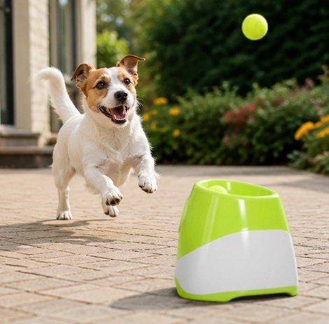 Lanceur de balle pour chien avec compagnon dans jardin