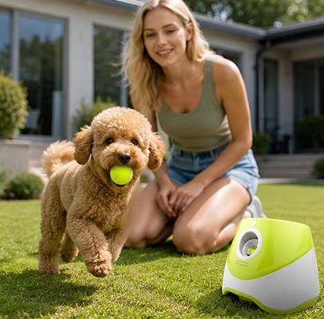 Lanceur de balle pour chien avec toutou sa maitresse