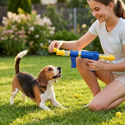 Lanceur de balle pour chien entre sa maitresse et son chien