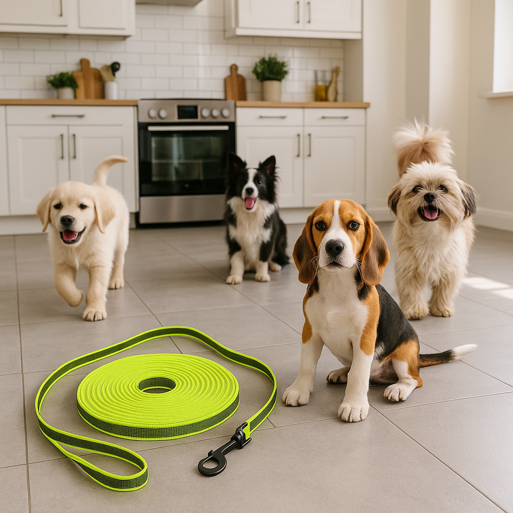 longe chien dans cuisine avec nos amis chiens