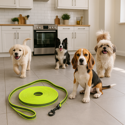 longe chien dans cuisine avec nos amis chiens