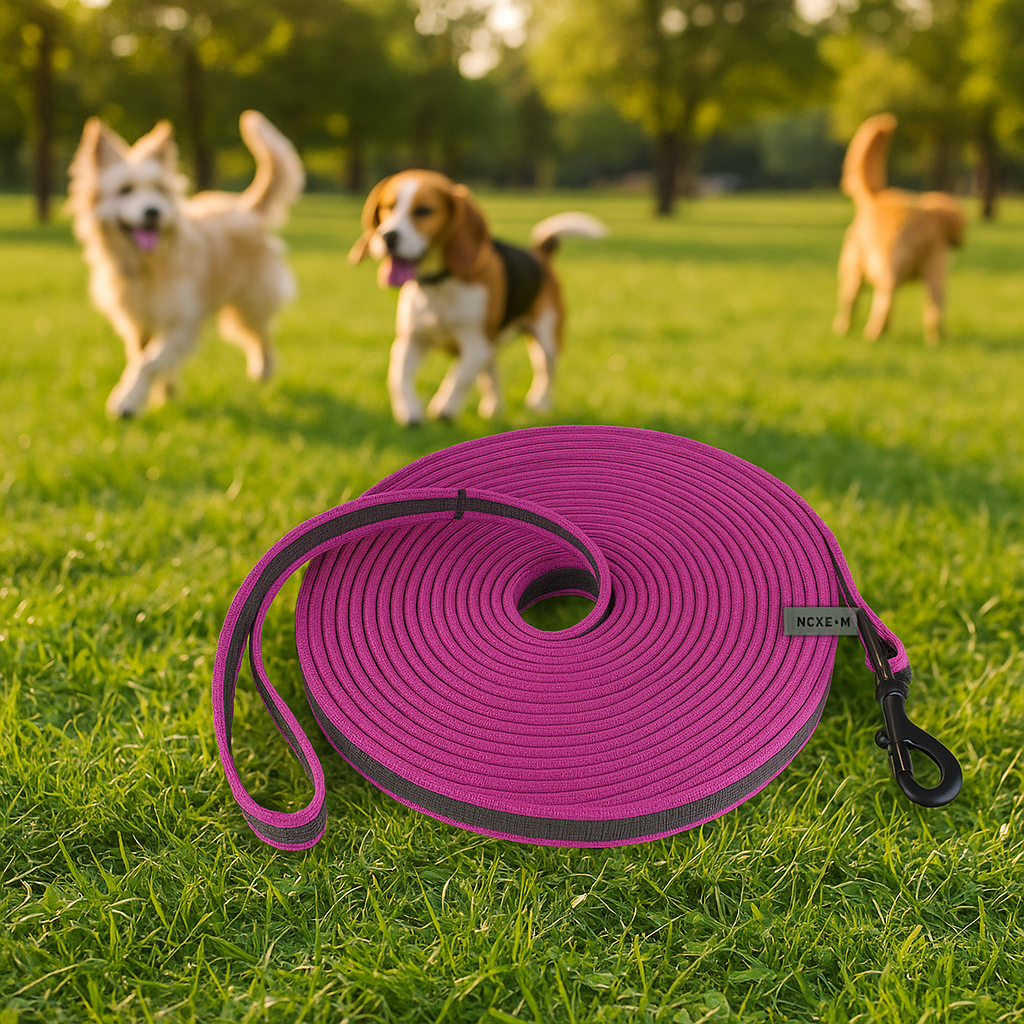 longe chien dans jardin avec nos amis