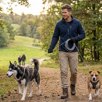 Longe chien sur nos deux chiens avec leur maitre