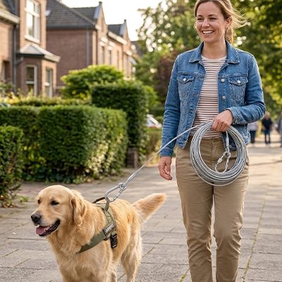 Longe chien sur notre ami avec sa maitresse