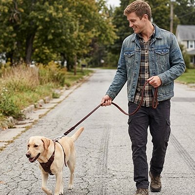 Longe chien sur notre compagnon avec son maitre en balade