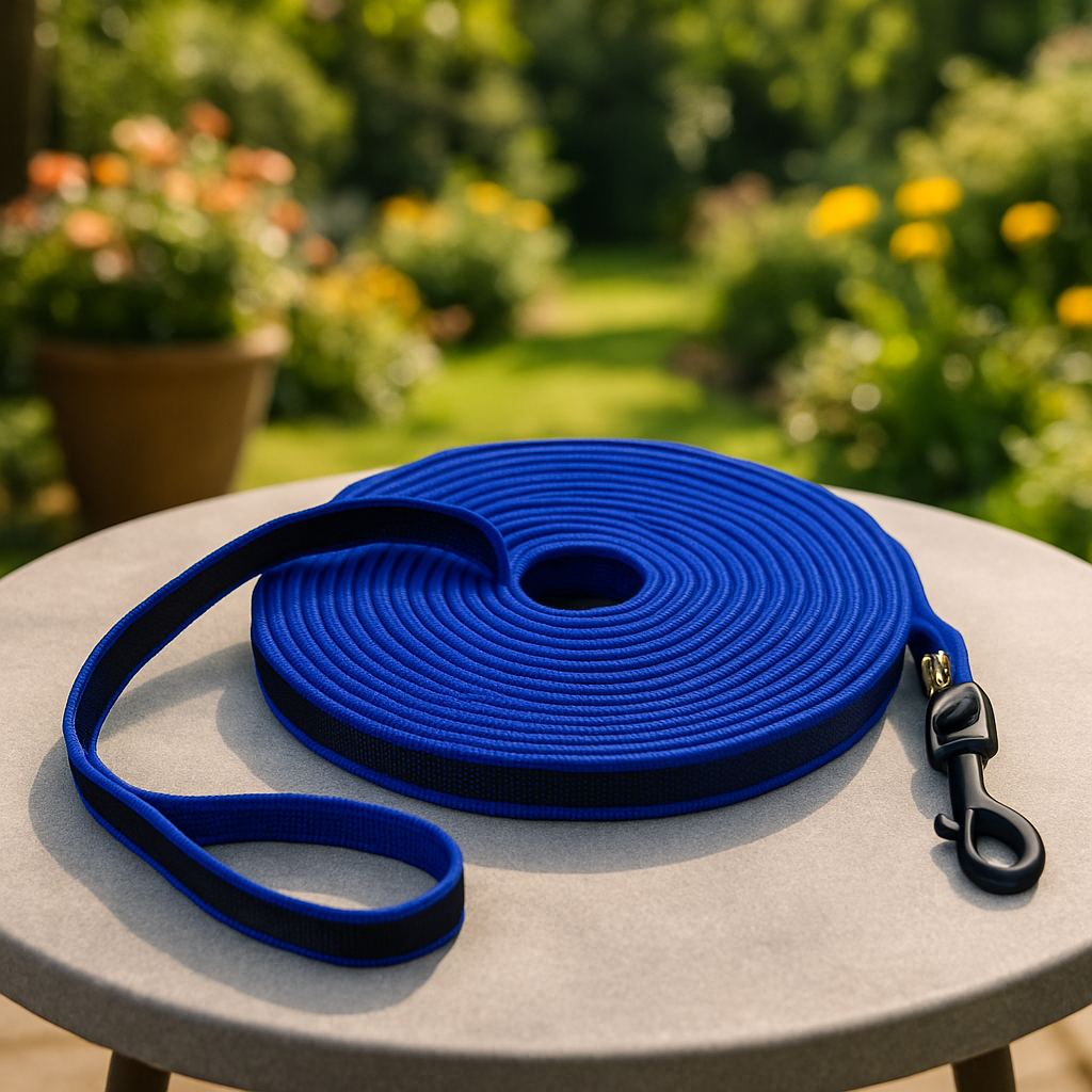 longe chien sur table au jardin