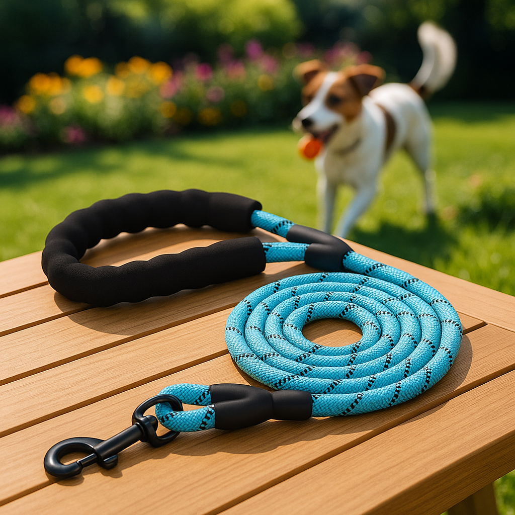 longe chiens sur table dans jardin avec notre compagnon