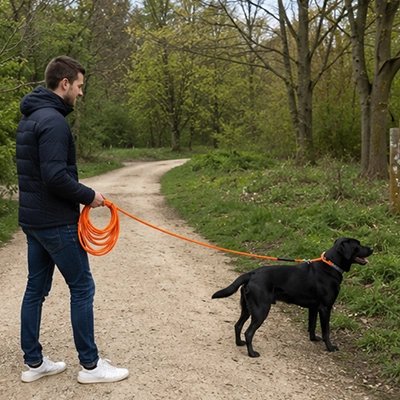 Longe pour chien avec toutou son maitre en foret