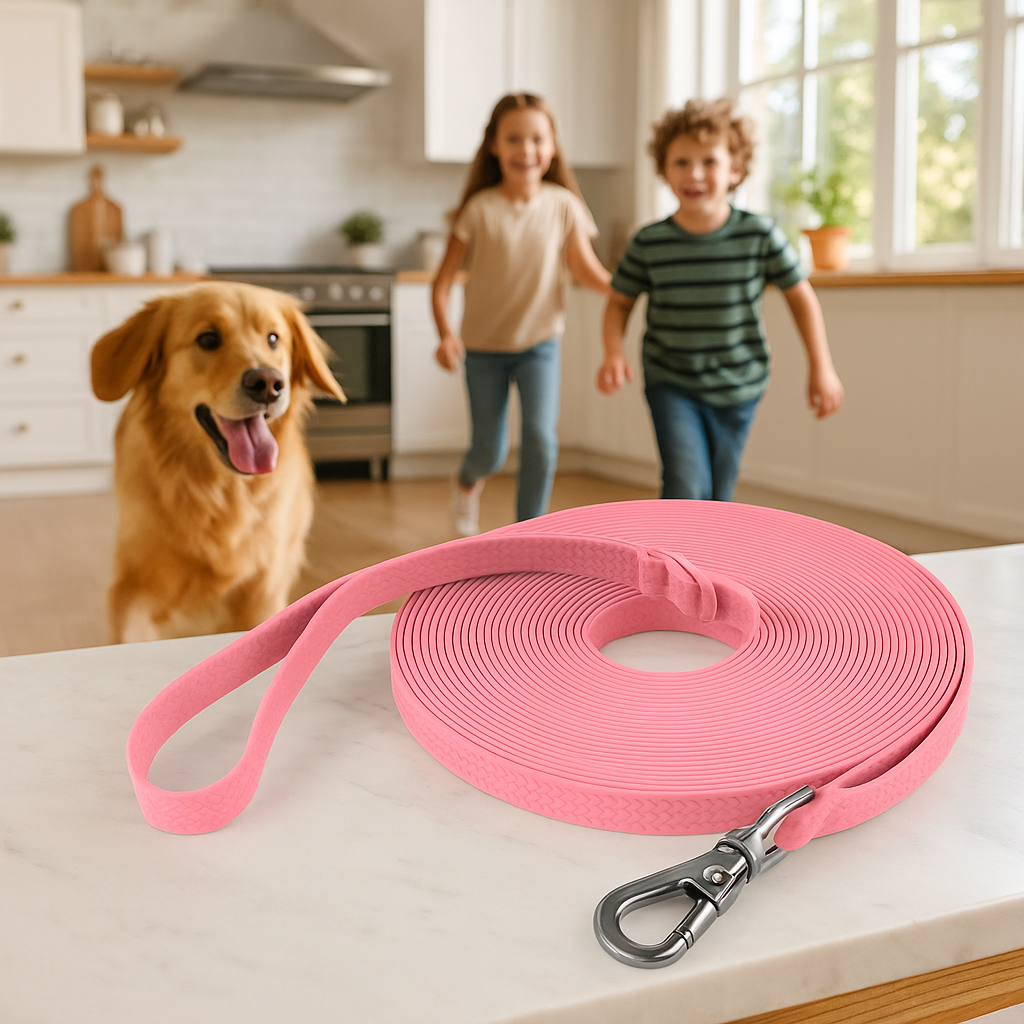 longe pour chien dans cuisine avec compagnons