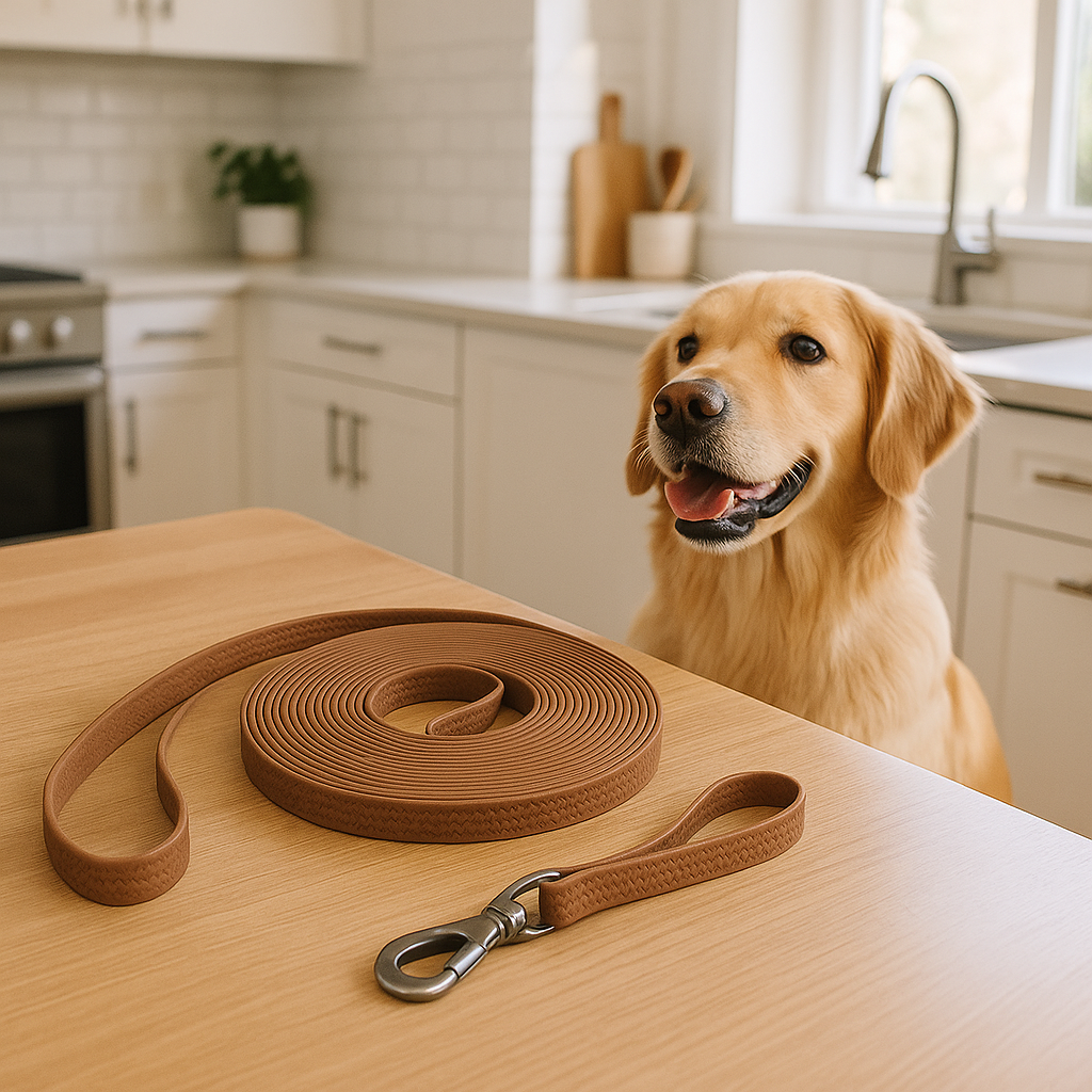 longe pour chien dans cuisine avec notre compagnon