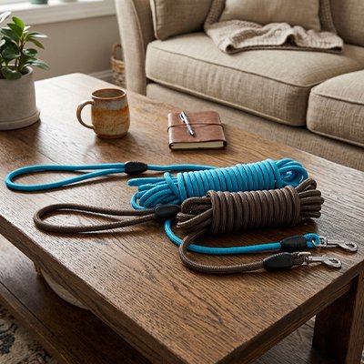 Longe pour chien deux couleurs sur table