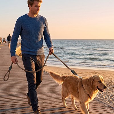 Longe pour chien sur notre ami avec son maitre plage