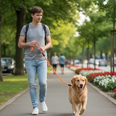 Longe pour chien sur notre toutou en balade avec son maitre
