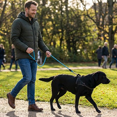 Longe pour chien sur notre toutou en balade avec son maitre