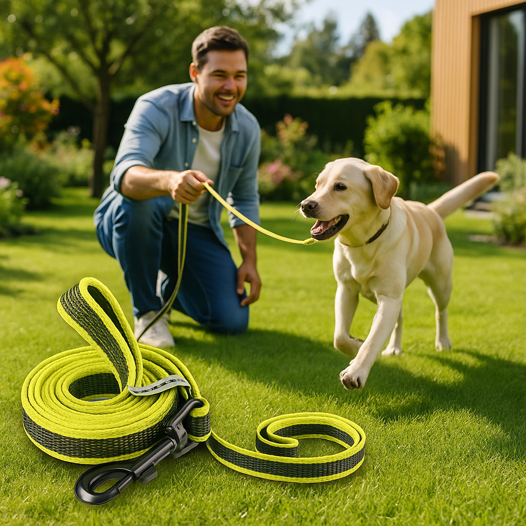 longes chien dans jardin homme jouet avec son labrador