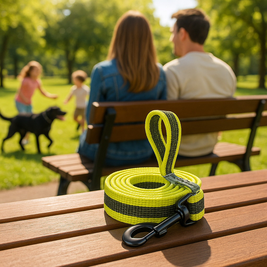 longes chien jaune dans parc avec toutes familles
