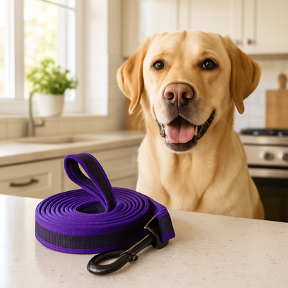 longes chien violet dans cuisine avec labrador