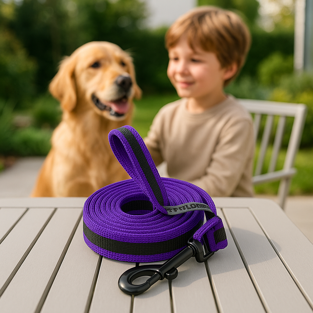 longes chien violet sur table avec enfant son compagnon