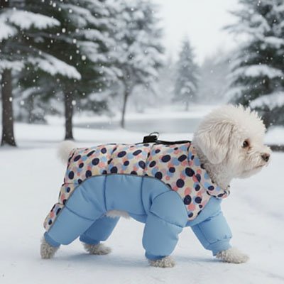 Manteau chien bleu avec toutou sur neige
