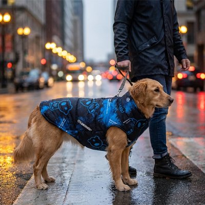 Manteau chien bleu sur notre ami avec son maitre