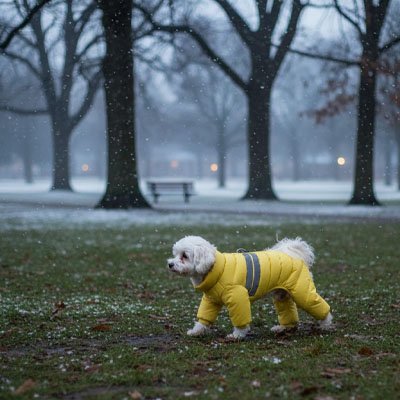 Manteau chien jaune avec toutou en promenade