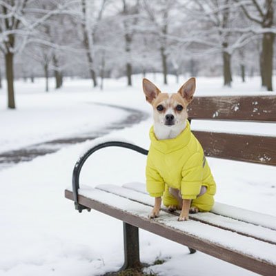 Manteau chien jaune avec toutou sur banc