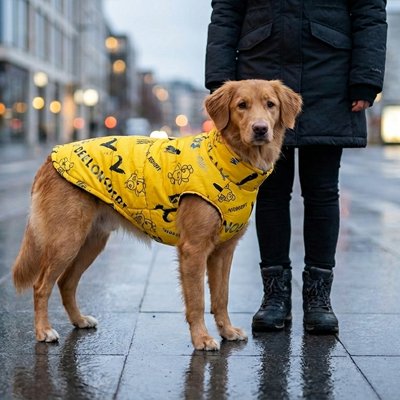 Manteau chien jaune sur notre ami en promenade