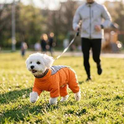 Manteau chien sur notre toutou faisant sport avec son maitre