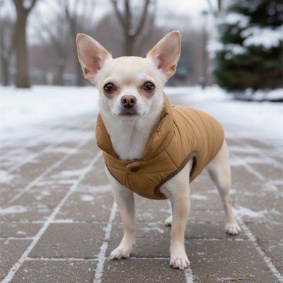 Manteau pour chien beige sur notre toutou en balade