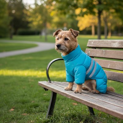 Manteau pour chien bleu sur notre toutou sur banc